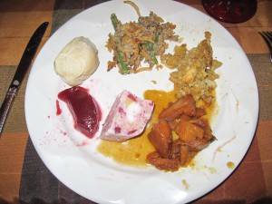 Thanksgiving sides, cranberry salad, green bean casserole, stuffing, candied sweet potatoes