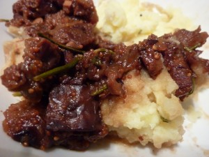 Slow Cooker Tempeh with Port Wine and Figs over mashed potatoes, vegan