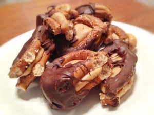 Vegan chocolate dipped peanut butter pretzel bites