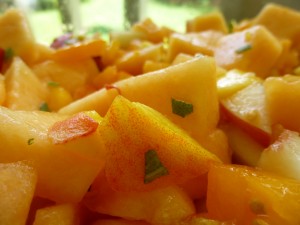 Cantaloupe peach tomato sage summer fruit salad