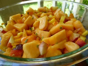 Cantaloupe peach tomato sage summer fruit salad