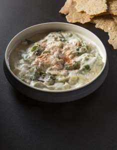 Warm Kale and Artichoke Dip  at Crossroads by Chef Tal Ronnen, Executive Chef Scot Jones & Executive Pastry Chef Serafina Magnussen.